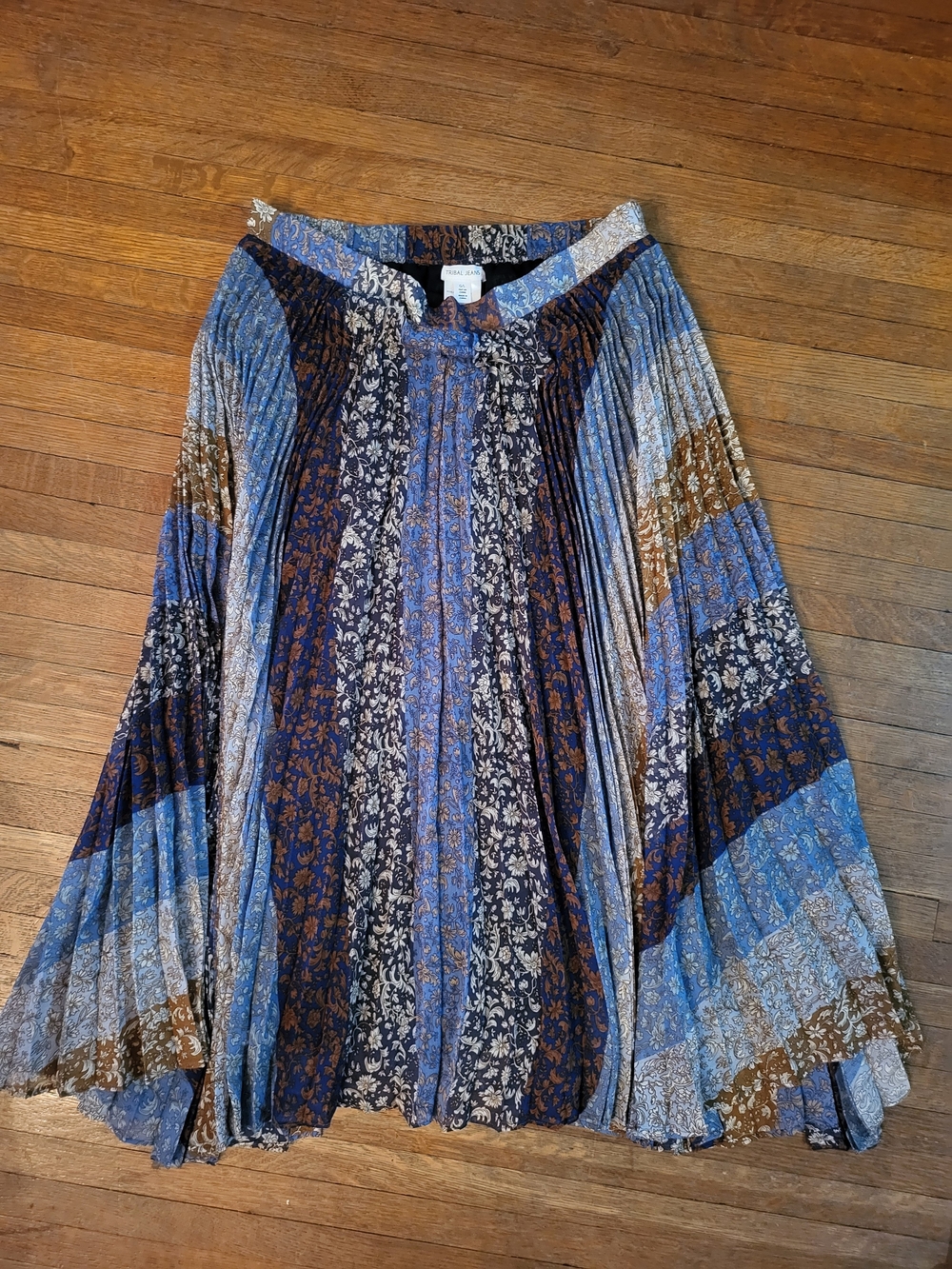 Tribal Patchwork Pleated Skater Skirt in Blue and Brown